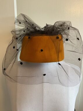 Michael Howard Mustard Pillbox Fascinator Hat Black Polka Dot Veil Vintage